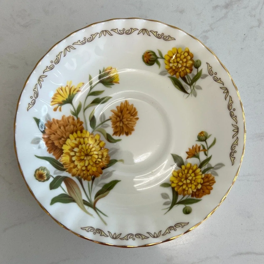 E&R Golden Crown Bone China October Bouquet of the Month Series Cup & Saucer Vtg